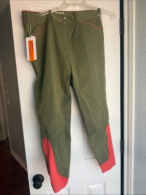 Olive Green Riding Breeches with Coral Accents